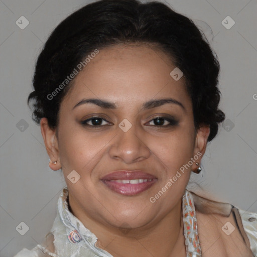 Joyful latino young-adult female with short  brown hair and brown eyes