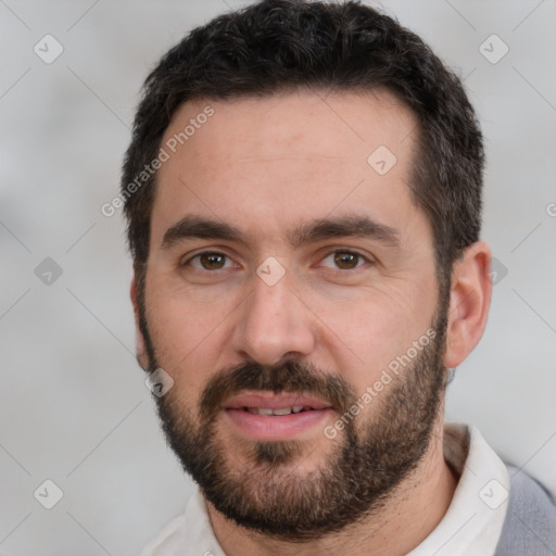 Joyful white young-adult male with short  black hair and brown eyes