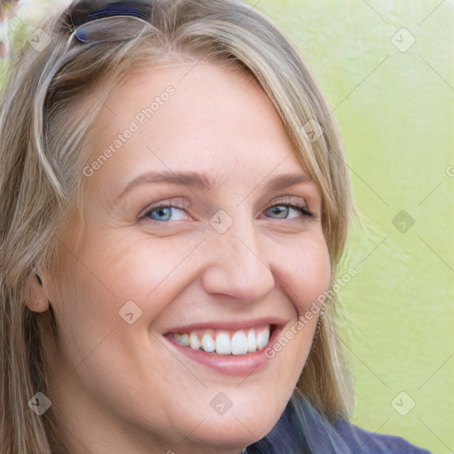 Joyful white young-adult female with long  brown hair and blue eyes