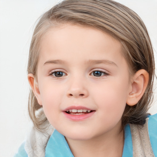 Joyful white child female with medium  brown hair and blue eyes