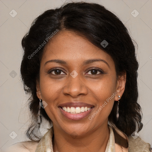 Joyful black young-adult female with medium  brown hair and brown eyes