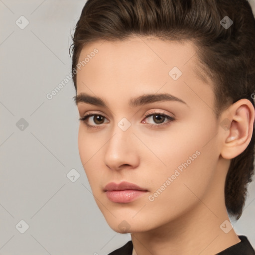 Neutral white young-adult female with medium  brown hair and brown eyes