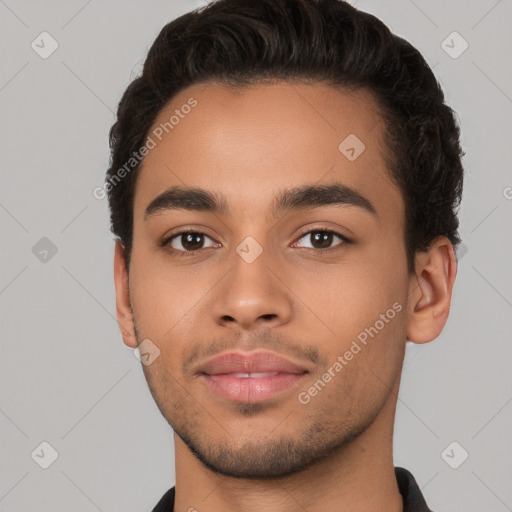 Neutral latino young-adult male with short  brown hair and brown eyes