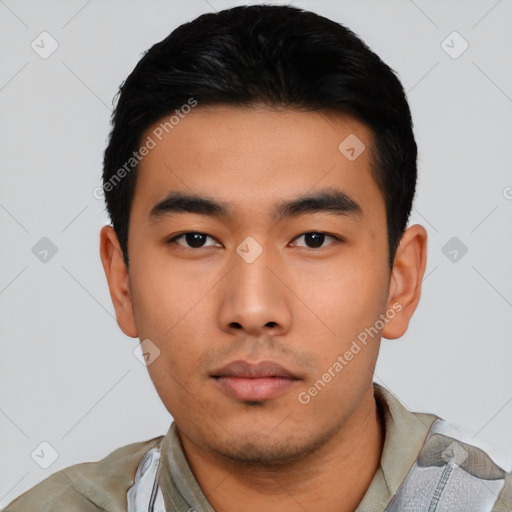 Neutral asian young-adult male with short  black hair and brown eyes