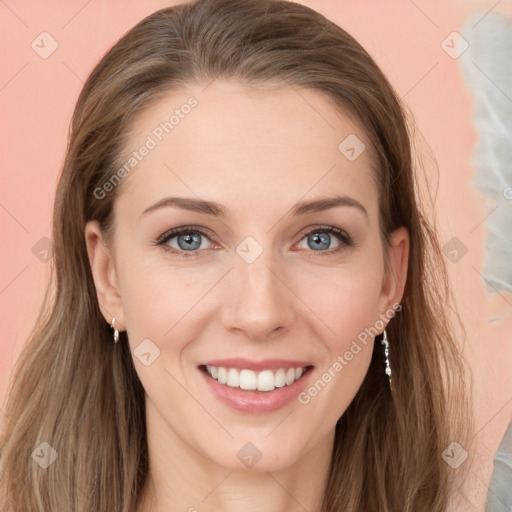 Joyful white young-adult female with long  brown hair and grey eyes