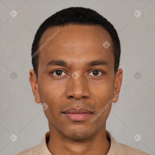 Neutral latino young-adult male with short  black hair and brown eyes