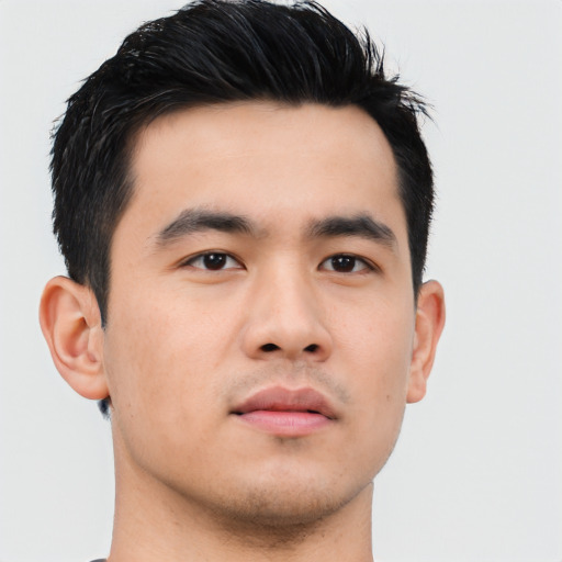 Neutral asian young-adult male with short  black hair and brown eyes