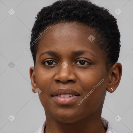 Joyful black young-adult female with short  brown hair and brown eyes