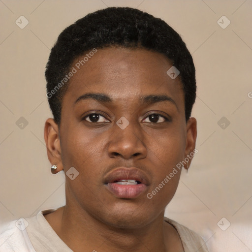 Neutral black young-adult female with short  black hair and brown eyes