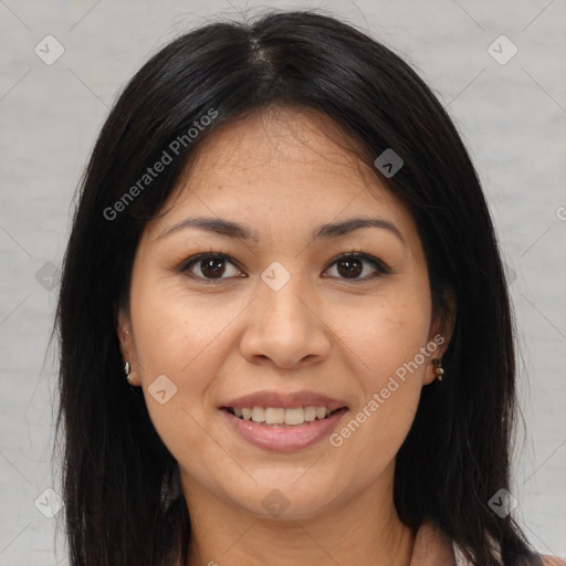 Joyful asian young-adult female with long  brown hair and brown eyes