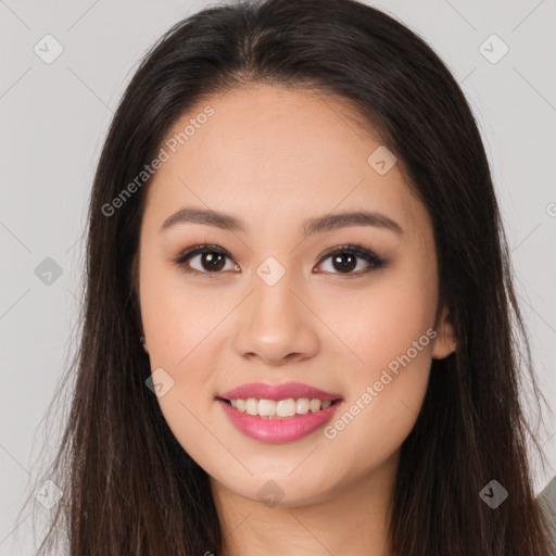 Joyful asian young-adult female with long  brown hair and brown eyes