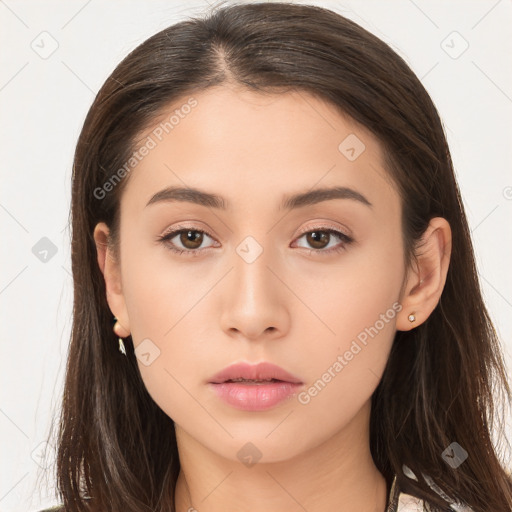 Neutral white young-adult female with long  brown hair and brown eyes