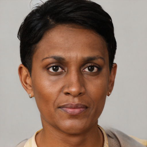 Neutral latino adult female with short  black hair and brown eyes
