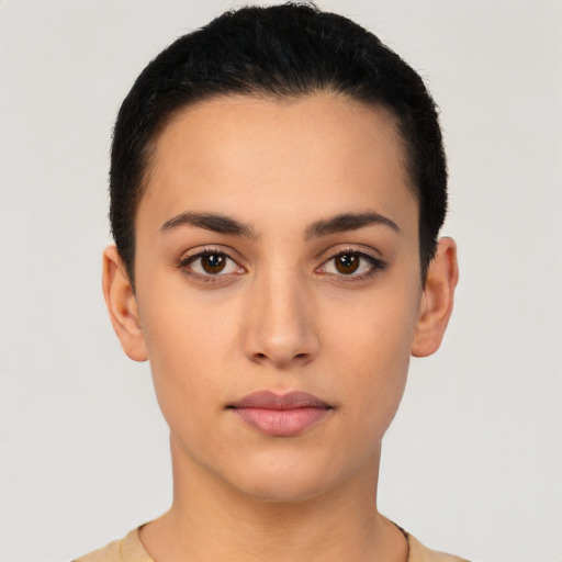 Neutral latino young-adult female with short  black hair and brown eyes