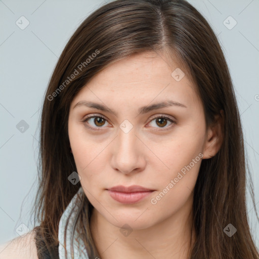 Neutral white young-adult female with long  brown hair and brown eyes