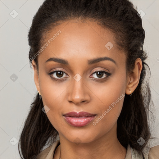 Joyful latino young-adult female with long  brown hair and brown eyes