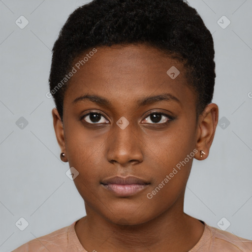 Neutral black young-adult female with short  brown hair and brown eyes