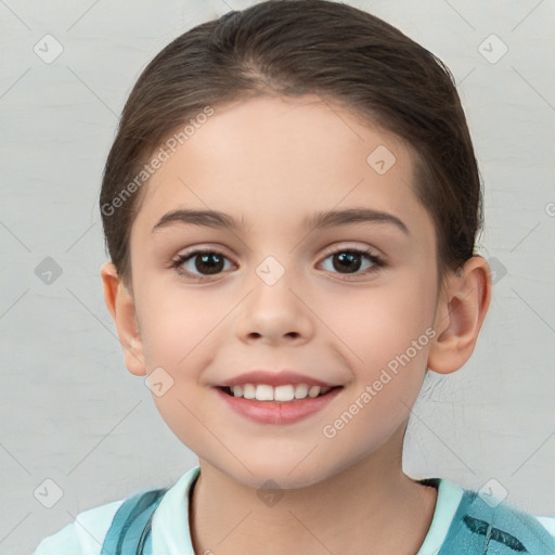 Joyful white child female with medium  brown hair and brown eyes