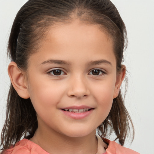 Joyful white child female with medium  brown hair and brown eyes