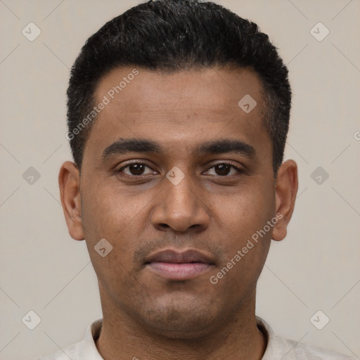 Neutral latino young-adult male with short  black hair and brown eyes