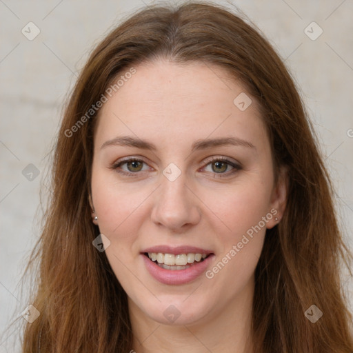 Joyful white young-adult female with long  brown hair and green eyes