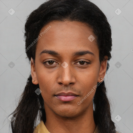 Neutral black young-adult female with long  black hair and brown eyes