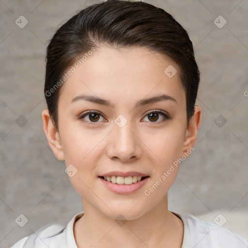 Joyful white young-adult female with short  brown hair and brown eyes