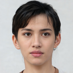 Neutral white young-adult female with medium  brown hair and brown eyes