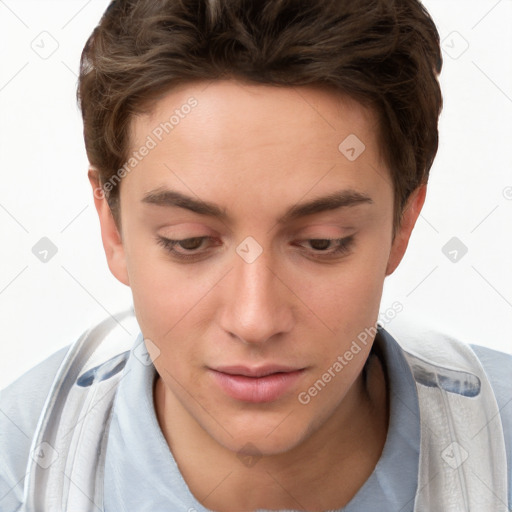Neutral white young-adult female with short  brown hair and brown eyes