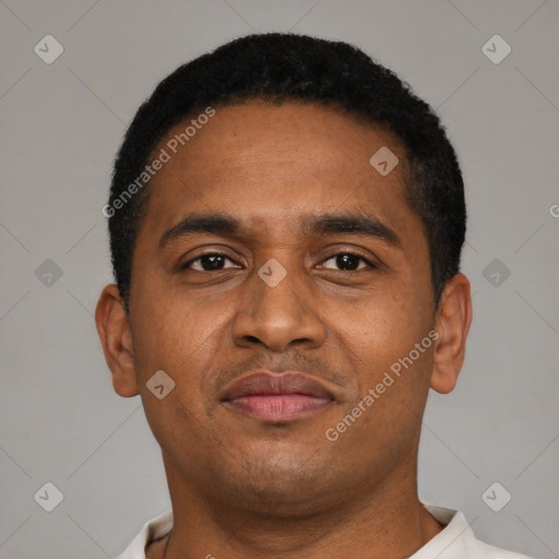 Neutral latino young-adult male with short  black hair and brown eyes