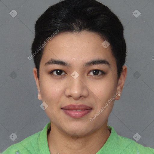 Joyful asian young-adult female with short  black hair and brown eyes