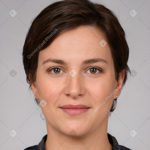 Joyful white young-adult female with medium  brown hair and brown eyes