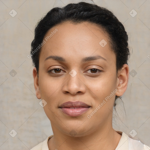 Joyful latino young-adult female with short  brown hair and brown eyes