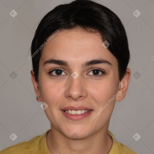 Joyful white young-adult female with short  brown hair and brown eyes