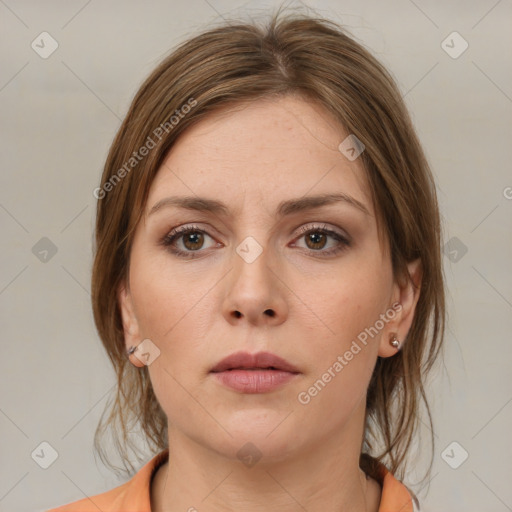 Neutral white young-adult female with medium  brown hair and brown eyes