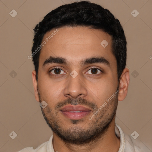 Neutral latino young-adult male with short  black hair and brown eyes