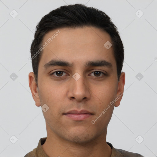 Neutral asian young-adult male with short  black hair and brown eyes