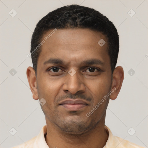 Neutral latino young-adult male with short  black hair and brown eyes