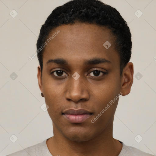 Neutral black young-adult male with short  black hair and brown eyes