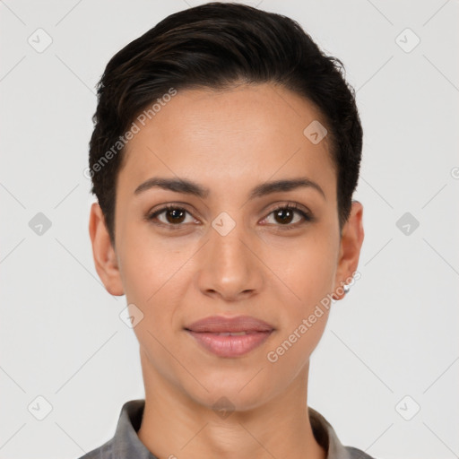 Joyful white young-adult female with short  black hair and brown eyes