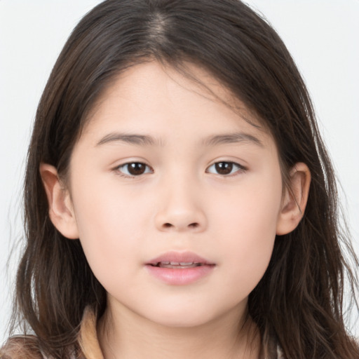 Neutral white child female with long  brown hair and brown eyes