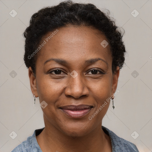 Joyful black adult female with short  brown hair and brown eyes