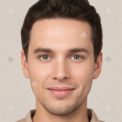 Joyful white young-adult male with short  brown hair and brown eyes