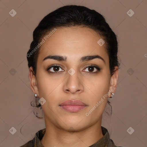 Neutral latino young-adult female with medium  brown hair and brown eyes