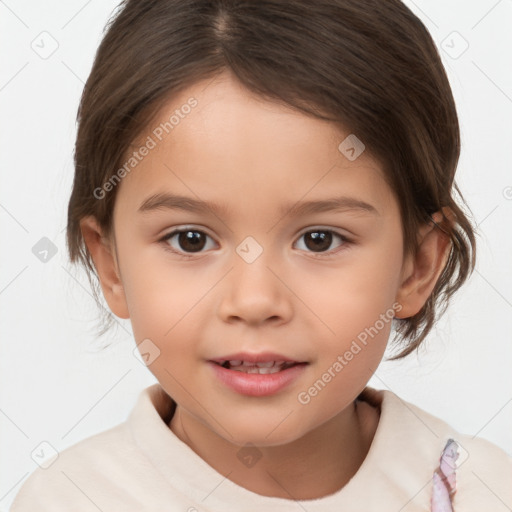 Joyful white child female with medium  brown hair and brown eyes