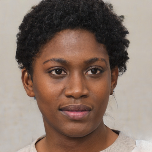 Neutral black young-adult female with short  black hair and brown eyes