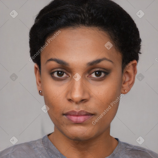 Neutral black young-adult female with short  black hair and brown eyes