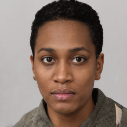 Neutral black young-adult female with short  black hair and brown eyes