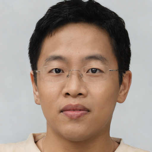 Neutral asian young-adult male with short  brown hair and brown eyes