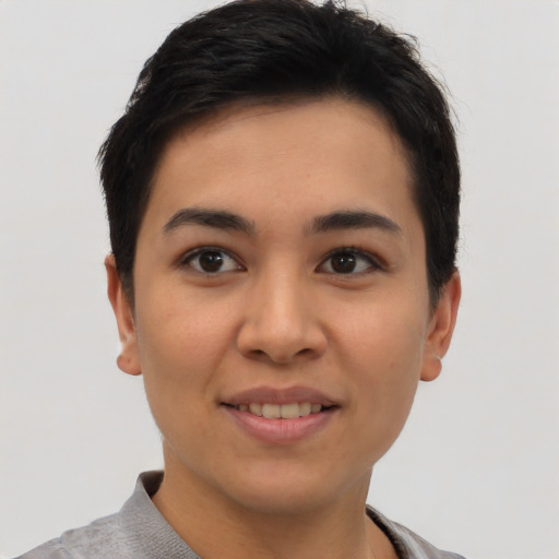 Joyful asian young-adult female with short  brown hair and brown eyes